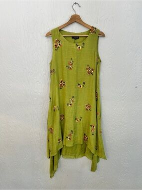 LA BELLA Embroidered Floral Midi Dress Green Small Boho Fairycore Shark Bite Hem